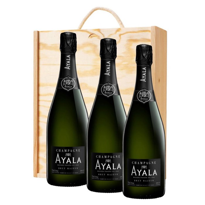 View 3 x Ayala Brut Majeur Champagne NV 75 cl In A Pine Wooden Gift Box