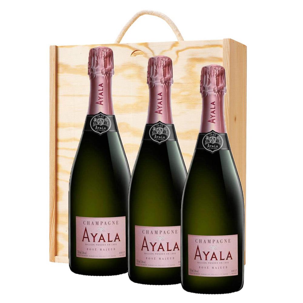 3 x Ayala Rose Majeur Champagne 75cl In A Pine Wooden Gift