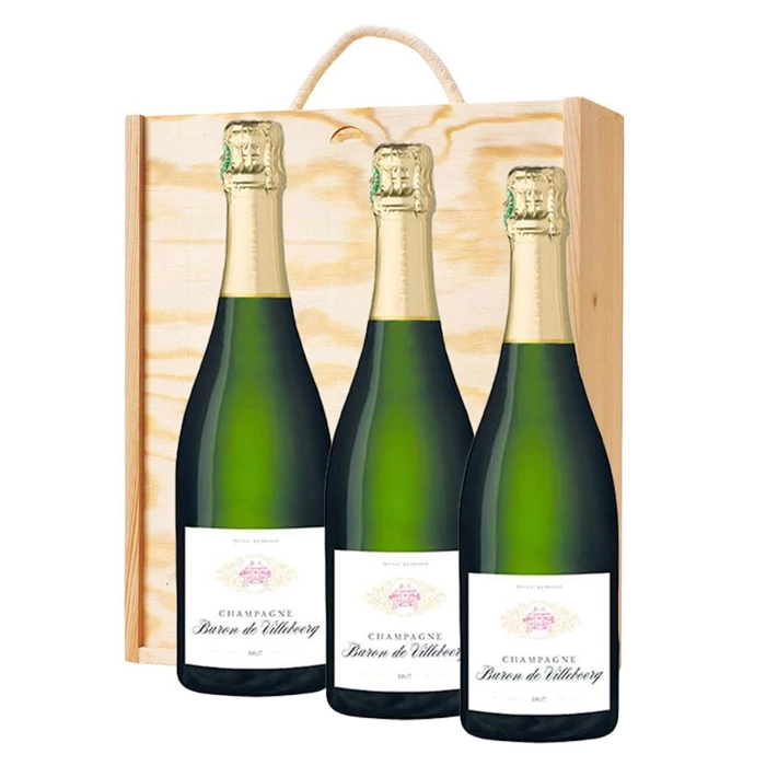 View 3 x Baron De Villeboerg Brut Champagne 75cl In A Pine Wooden Gift Box