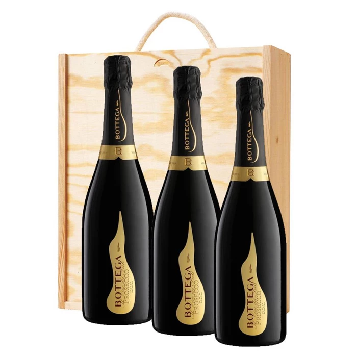 View 3 x Bottega Vino dei Poeti Prosecco 75cl In A Pine Wooden Gift Box