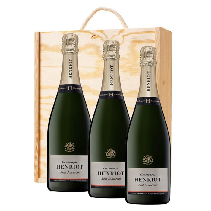 View 3 x Henriot Brut Souverain Champagne 75cl In A Pine Wooden Gift Box