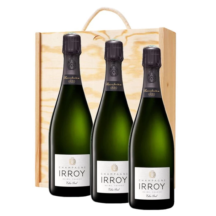 View 3 x Irroy Extra Brut Champagne 75cl In A Pine Wooden Gift Box