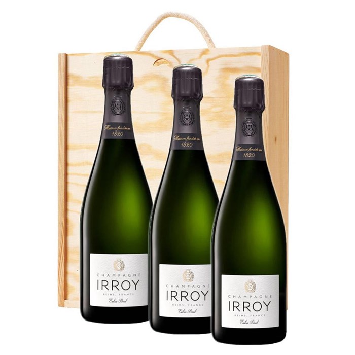 View 3 x Irroy Extra Brut Champagne 75cl In A Pine Wooden Gift Box