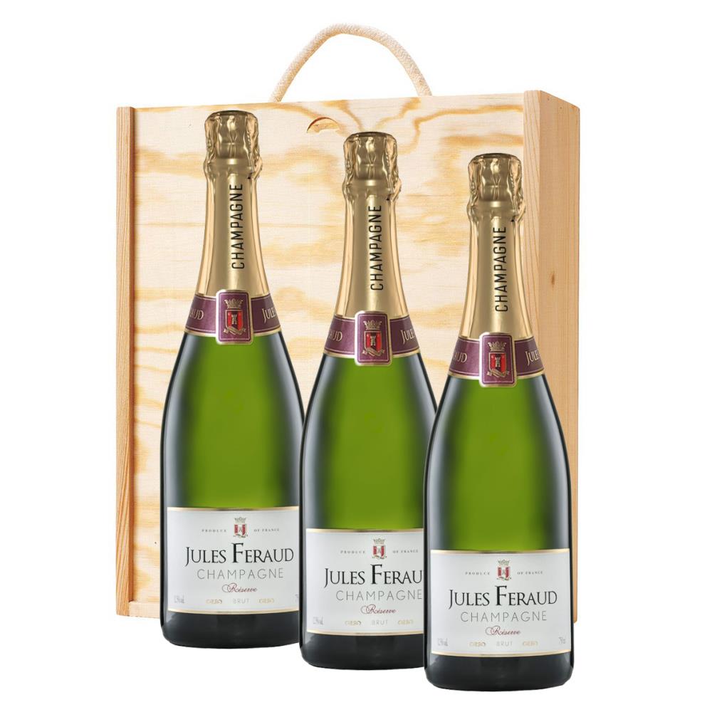 3 x Jules Feraud Brut Champagne 75cl In A Pine Wooden Gift
