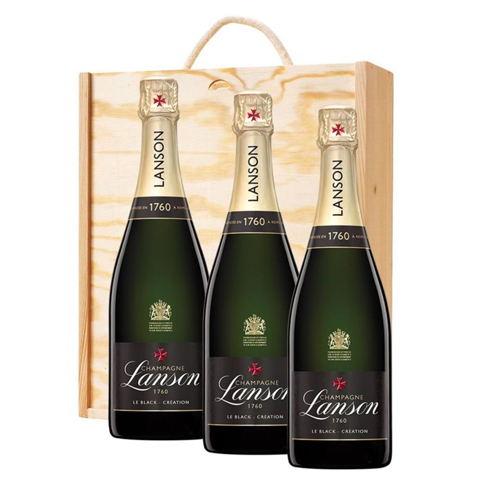 View 3 x Lanson Le Black Creation Brut Champagne 75cl In A Pine Wooden Gift Box