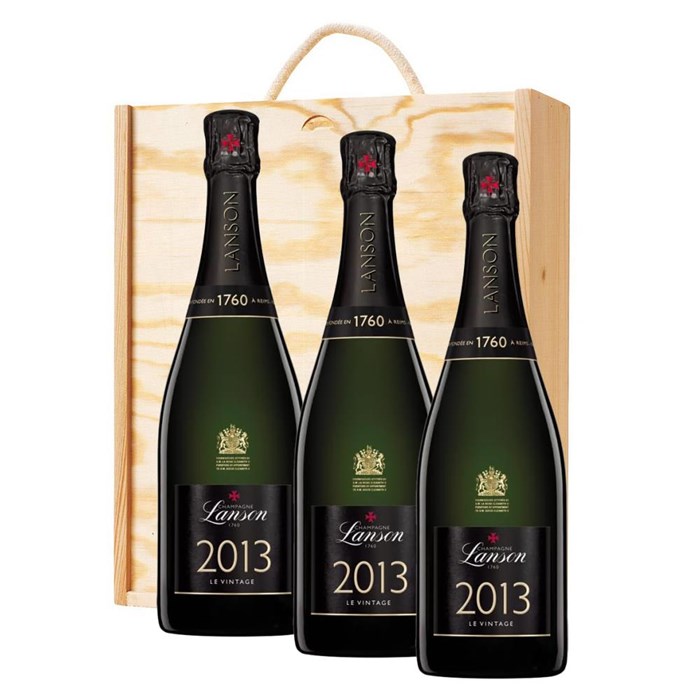 View 3 x Lanson Le Vintage 2013 Champagne 75cl In A Pine Wooden Gift Box