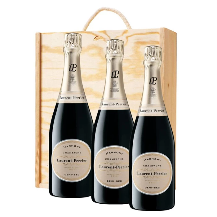 View 3 x Laurent Perrier Demi-Sec Champagne 75cl In A Pine Wooden Gift Box