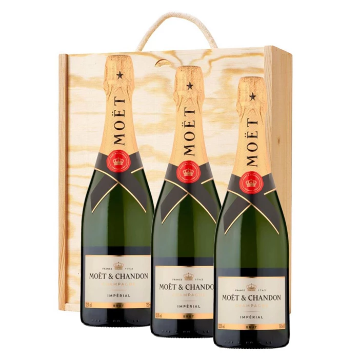 View 3 x Moet And Chandon Brut Champagne 75cl In A Pine Wooden Gift Box
