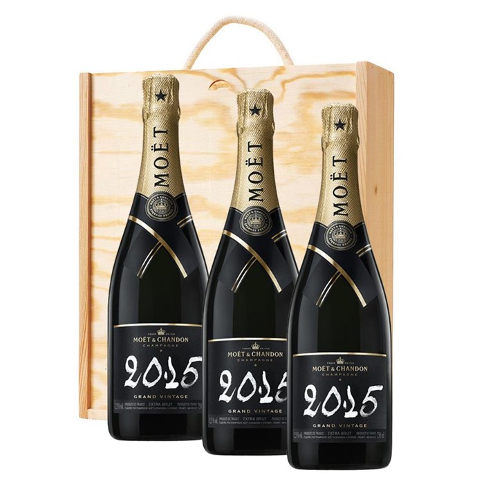 View 3 x Moet And Chandon Brut Vintage 2013-15 Champagne 75cl In A Pine Wooden Gift Box