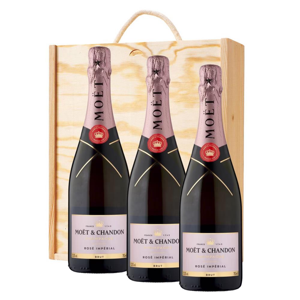 3 x Moet & Chandon Rose Champagne 75cl In A Pine Wooden