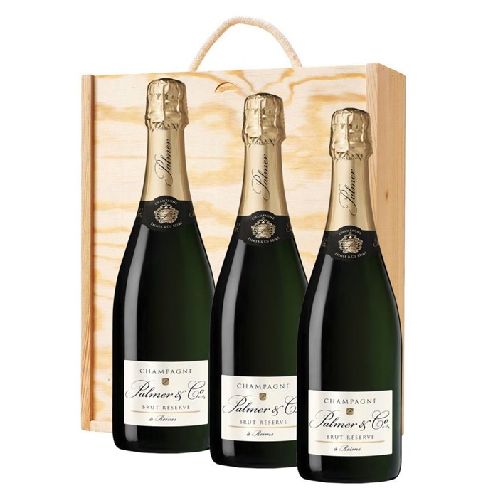 View 3 x Palmer & Co Brut Reserve Champagne 75cl In A Pine Wooden Gift Box