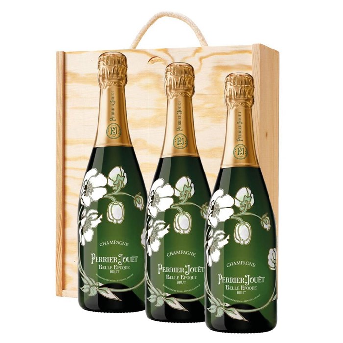 View 3 x Perrier Jouet Belle Epoque Brut 2014 Champagne 75cl In A Pine Wooden Gift Box