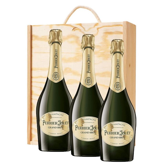 View 3 x Perrier Jouet Grand Brut Champagne 75cl In A Pine Wooden Gift Box