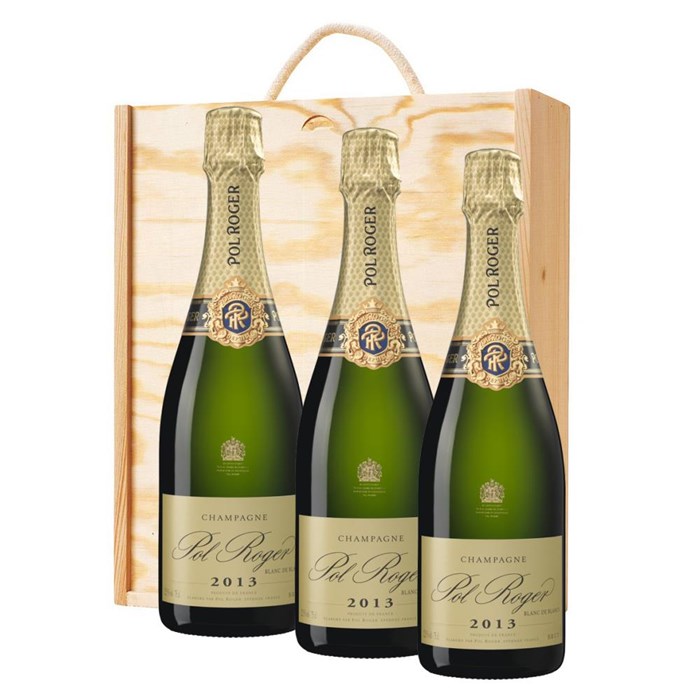 View 3 x Pol Roger Blanc de Blancs 2015 Vintage In A Pine Wooden Gift Box