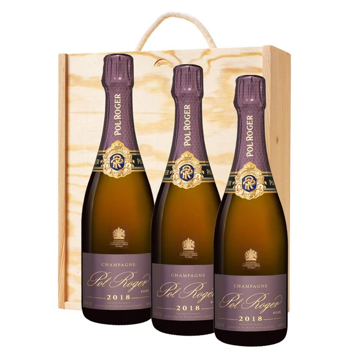 View 3 x Pol Roger Rose 2018 Vintage Champagne 75cl In A Pine Wooden Gift Box