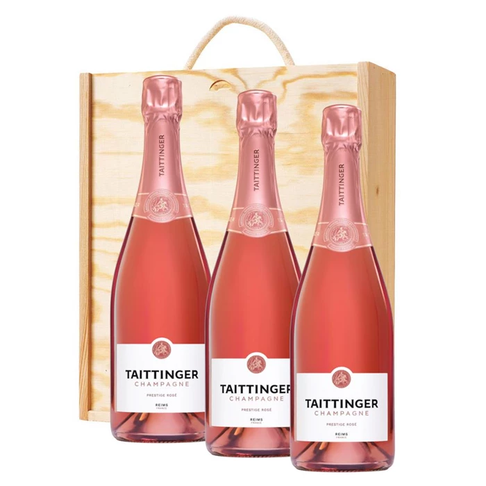 View 3 x Taittinger Brut Prestige Rose NV Champagne 75cl In A Pine Wooden Gift Box