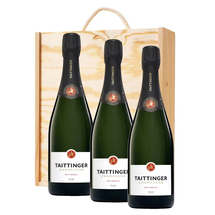 View 3 x Taittinger Brut Reserve Champagne 75cl In A Pine Wooden Gift Box