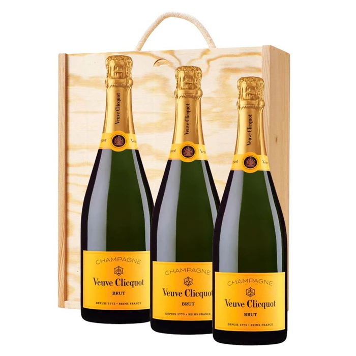 View 3 x Veuve Clicquot Brut Yellow Label Champagne 75cl In A Pine Wooden Gift Box