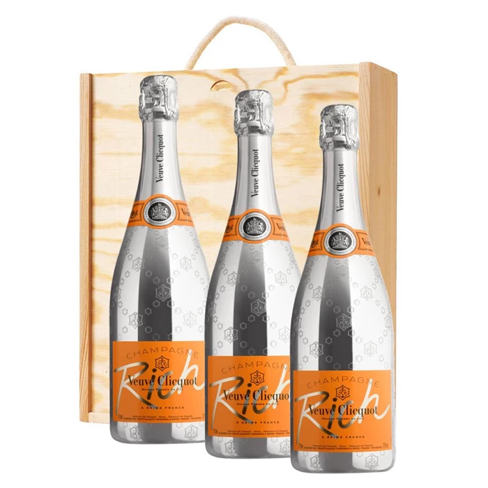 View 3 x Veuve Clicquot Rich Champagne 75cl In A Pine Wooden Gift Box