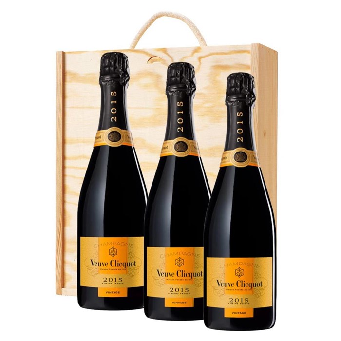 View 3 x Veuve Clicquot Vintage 2015 Champagne 75cl In A Pine Wooden Gift Box