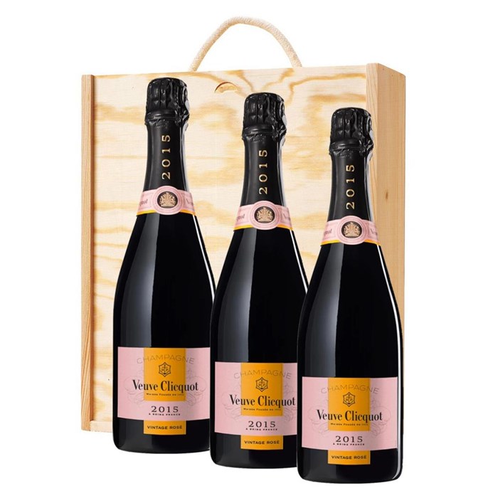 View 3 x Veuve Clicquot Vintage Rose 2015 75cl In A Pine Wooden Gift Box