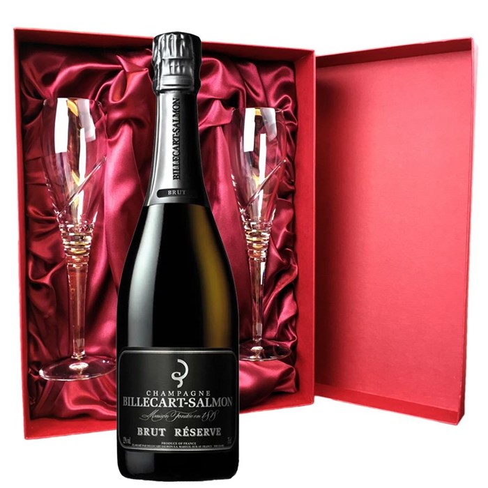 View Billecart Salmon Le Reserve Champagne 75cl And Royal Scot Glasses Burgundy Gift Box Set