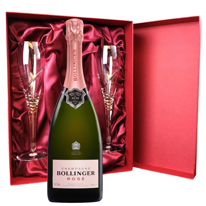 View Bollinger Rose Champagne 75cl And Royal Scot Glasses Burgundy Gift Box Set