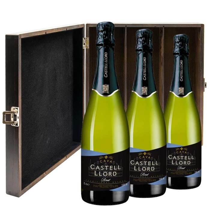 View Castell Llord Brut Cava 75cl Three Bottle Luxury Elm Wood Gift Box