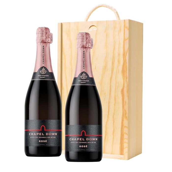View Chapel Down Rose English Sparkling Wine 75cl Twin Pine Wooden Gift Box (2x75cl)