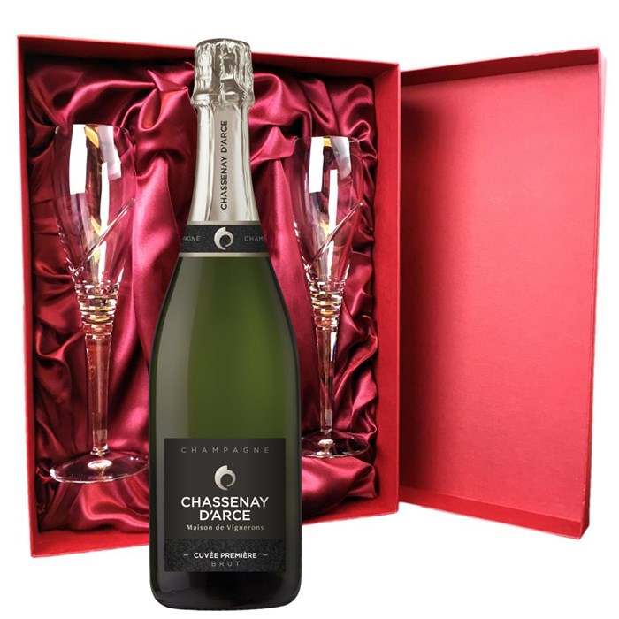 View Chassenay d'Arce Cuvee Premiere Brut Champagne 75cl And Royal Scot Glasses Burgundy Gift Box Set