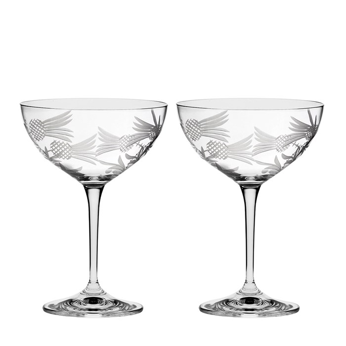 View Flower of Scotland 2 Saucer Champagne Coupe Glass 155mm (Gift Boxed) Royal Scot Crystal