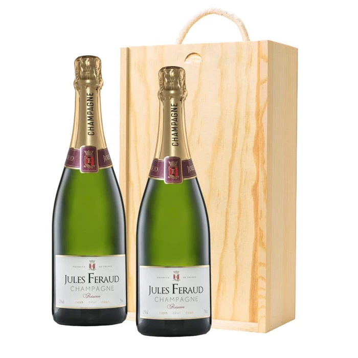 View Jules Feraud Brut Champagne 75cl Twin Pine Wooden Gift Box (2x75cl)