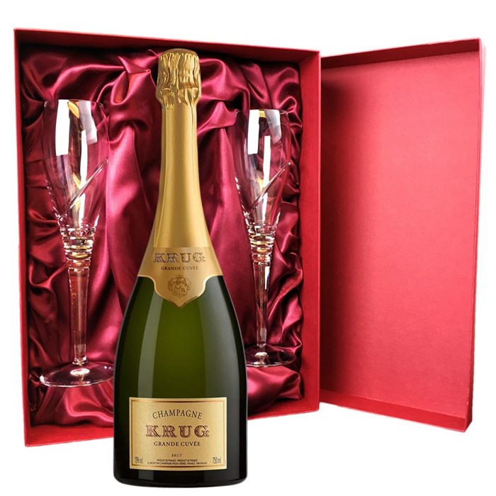 View Krug Grande Cuvee Editions Champagne 75cl And Royal Scot Glasses Burgundy Gift Box Set