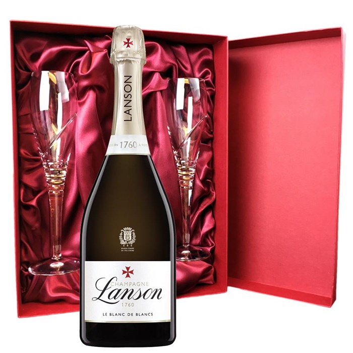 View Lanson Le Blanc de Blancs Champagne 75cl And Royal Scot Glasses Burgundy Gift Box Set