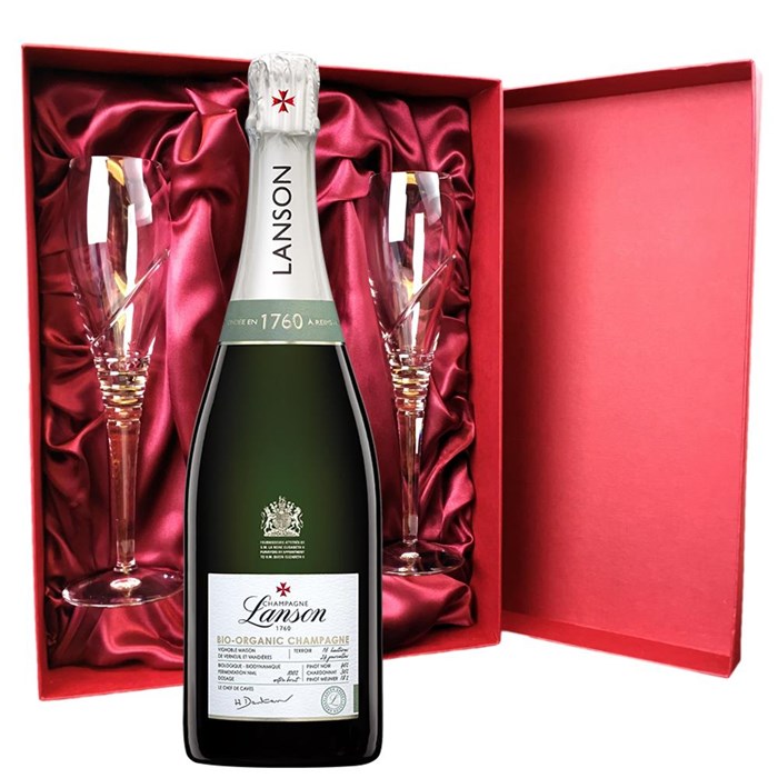 View Lanson Le Green Label Organic Champagne 75cl And Royal Scot Glasses Burgundy Gift Box Set