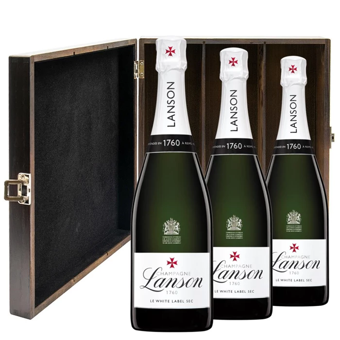 View Lanson Le White Label Sec Champagne 75cl Three Bottle Luxury Elm Wood Gift Box