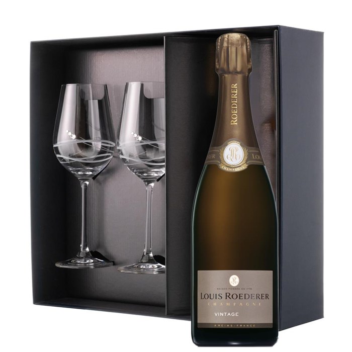 View Louis Roederer Brut Vintage 2015 Champagne 75cl And Venezia Glasses Gift Box Set