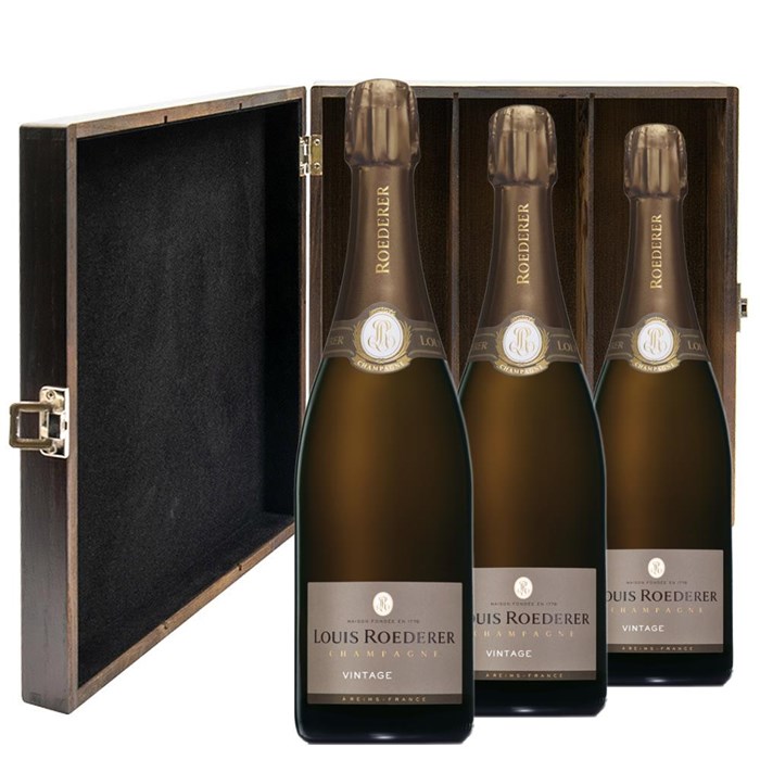 View Louis Roederer Brut Vintage 2015 Champagne 75cl Three Bottle Luxury Elm Wood Gift Box