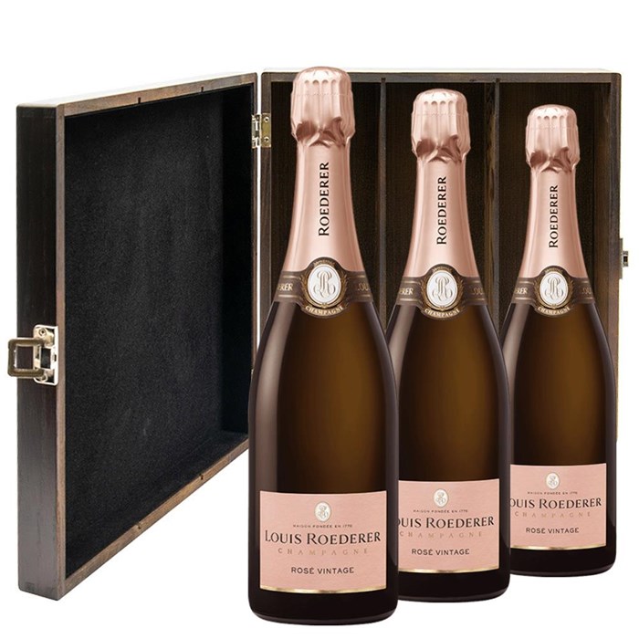 View Louis Roederer Vintage Rose 2017 Champagne 75cl Three Bottle Luxury Elm Wood Gift Box