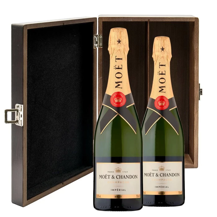 View Moet And Chandon Brut Champagne 75cl Twin Luxury Elm Wood Gift Box (2x75cl)