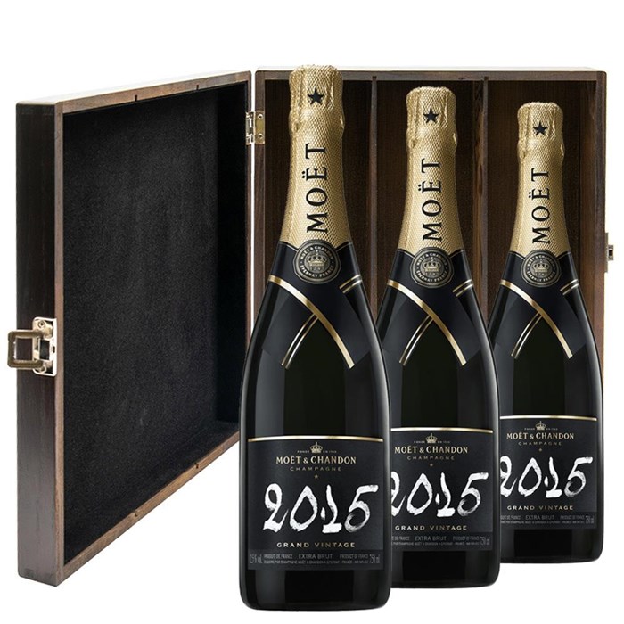 View Moet And Chandon Brut Vintage 2013-15 Champagne 75cl Three Bottle Luxury Elm Wood Gift Box