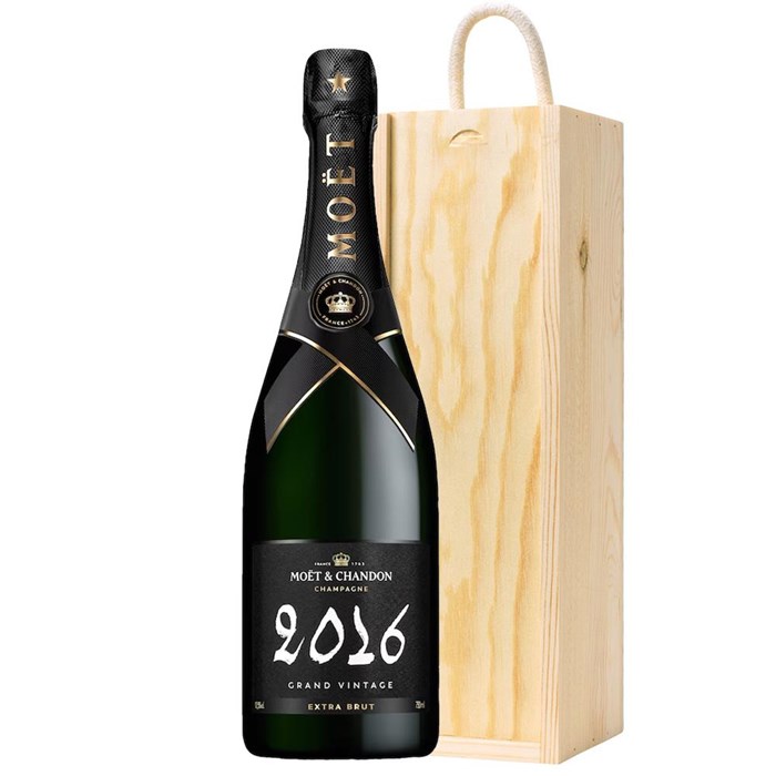 View Moet And Chandon Grand Vintage 2016 Extra Brut Champagne 75cl In Pine Gift Box