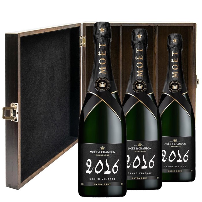 View Moet And Chandon Grand Vintage 2016 Extra Brut Champagne 75cl Three Bottle Luxury Elm Wood Gift Box
