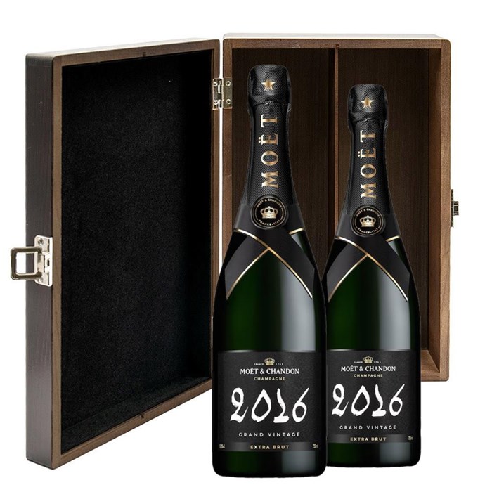 View Moet And Chandon Grand Vintage 2016 Extra Brut Champagne 75cl Twin Luxury Elm Wood Gift Box (2x75cl)