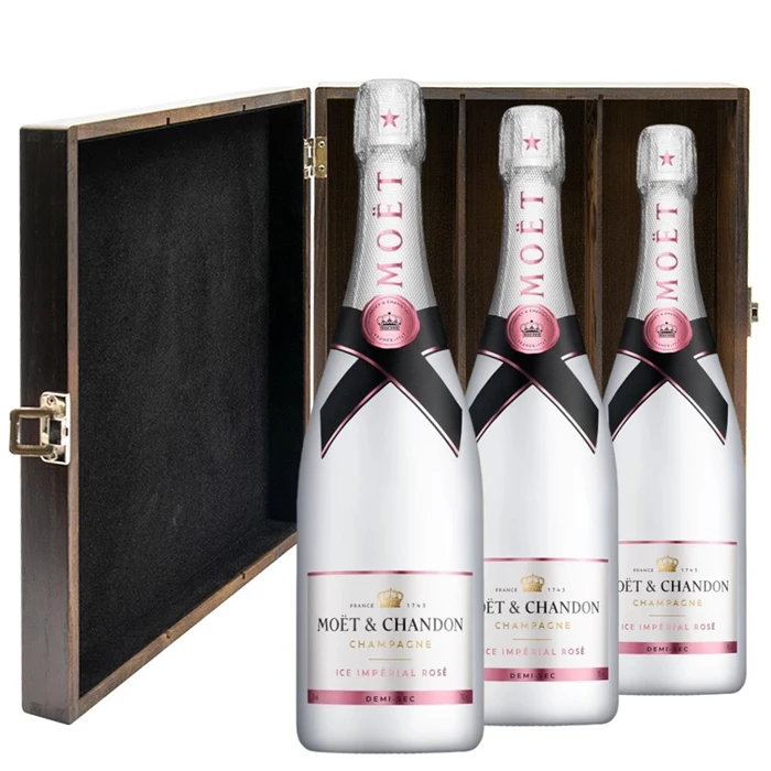View Moet & Chandon Ice Imperial Rose 75cl Three Bottle Luxury Elm Wood Gift Box