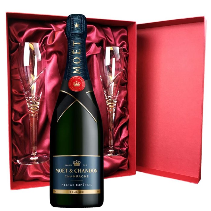 View Moet & Chandon Nectar Demi Sec Champagne 75cl And Royal Scot Glasses Burgundy Gift Box Set