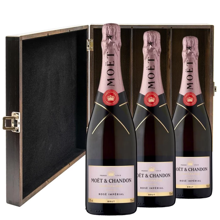 View Moet & Chandon Rose Champagne 75cl Three Bottle Luxury Elm Wood Gift Box