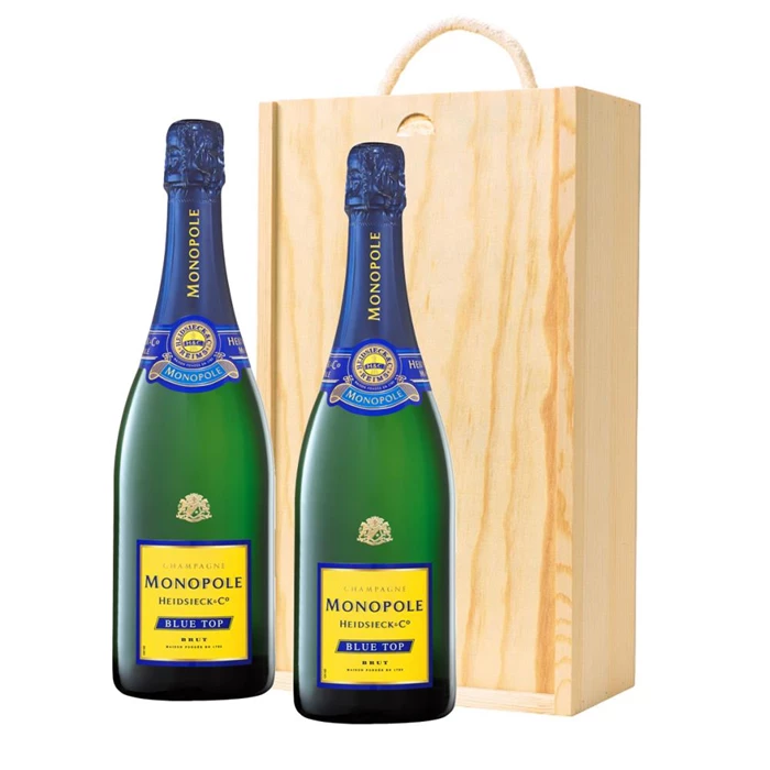 View Monopole Heidsieck & Co Blue Top Brut Champagne 75cl Twin Pine Wooden Gift Box (2x75cl)