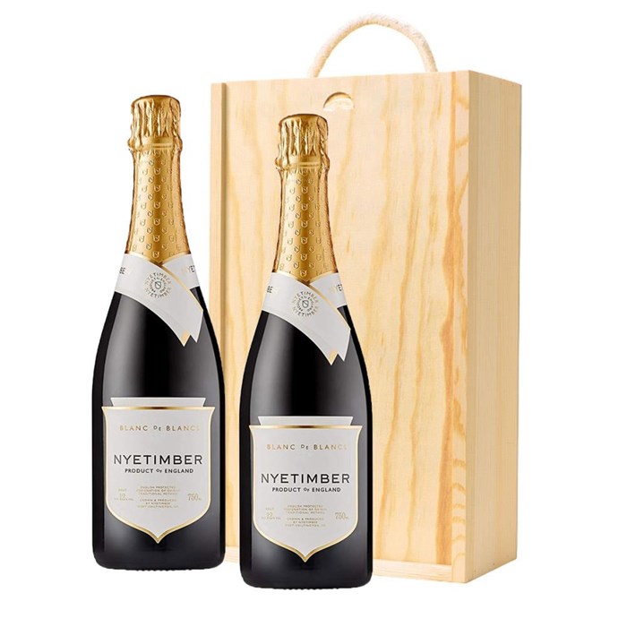 View Nyetimber Blanc de Blancs English Sparkling 75cl Twin Pine Wooden Gift Box (2x75cl)