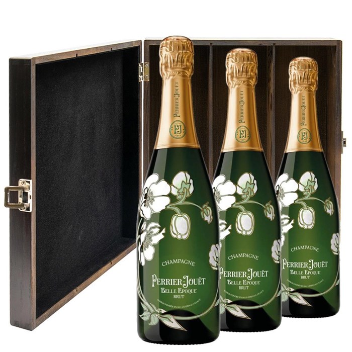 View Perrier Jouet Belle Epoque Brut 2014 Champagne 75cl Three Bottle Luxury Elm Wood Gift Box